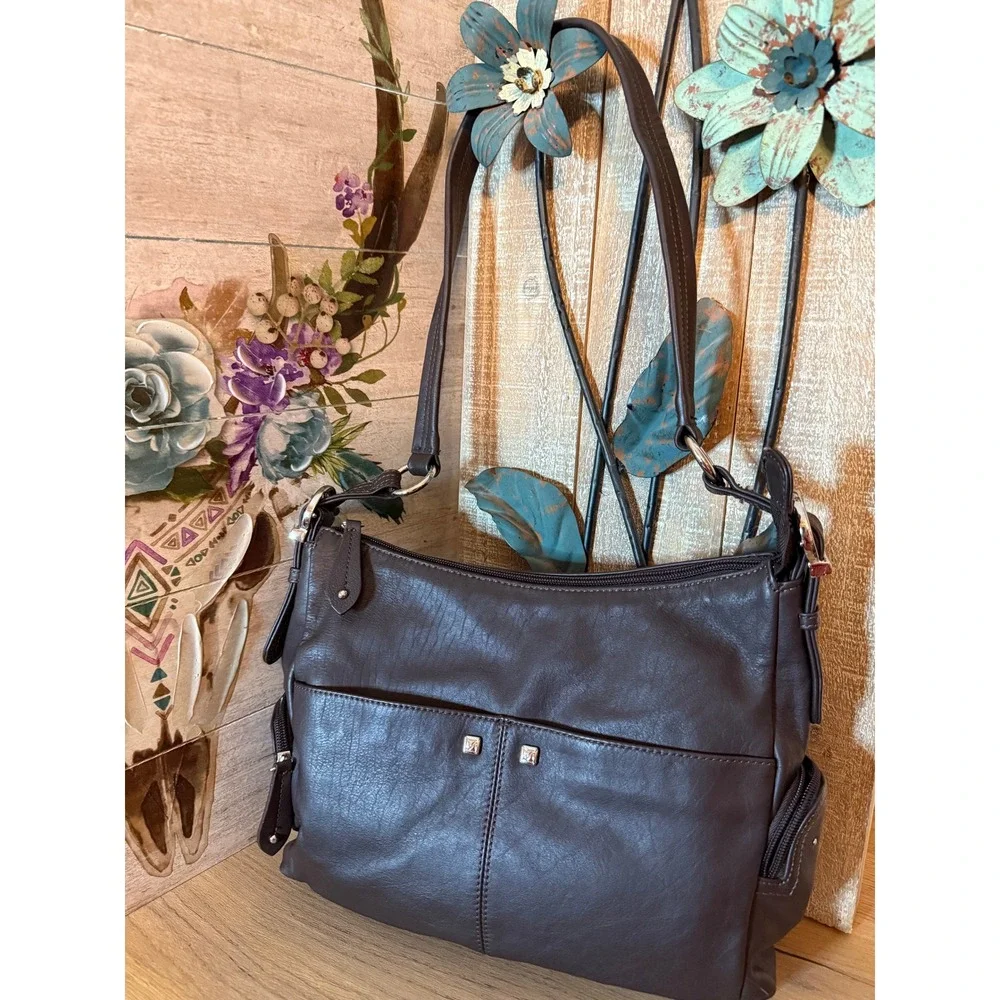 Stone Mountain Brown Leather Shoulder Bag Crossbody Hobo Organizer Multi Pocket